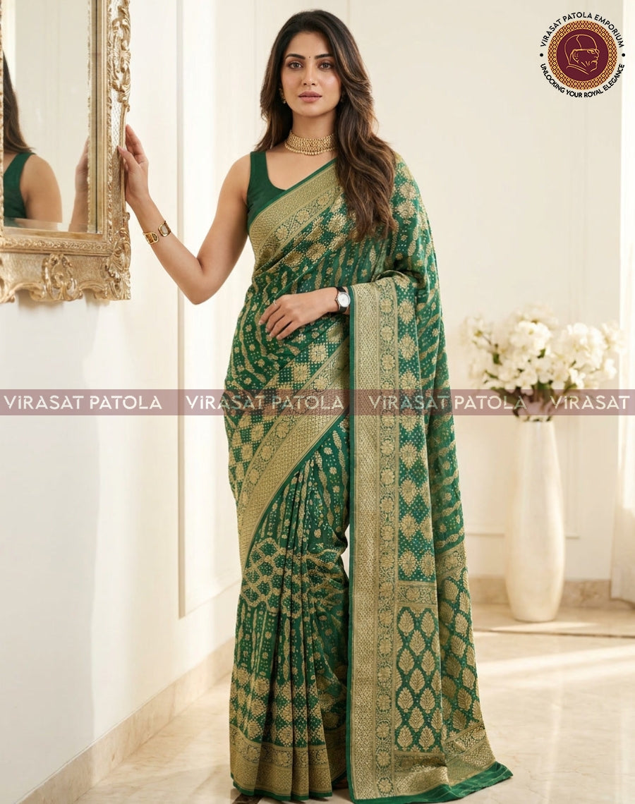 Green bandhani georgette saree with zari-style gold border, side pose