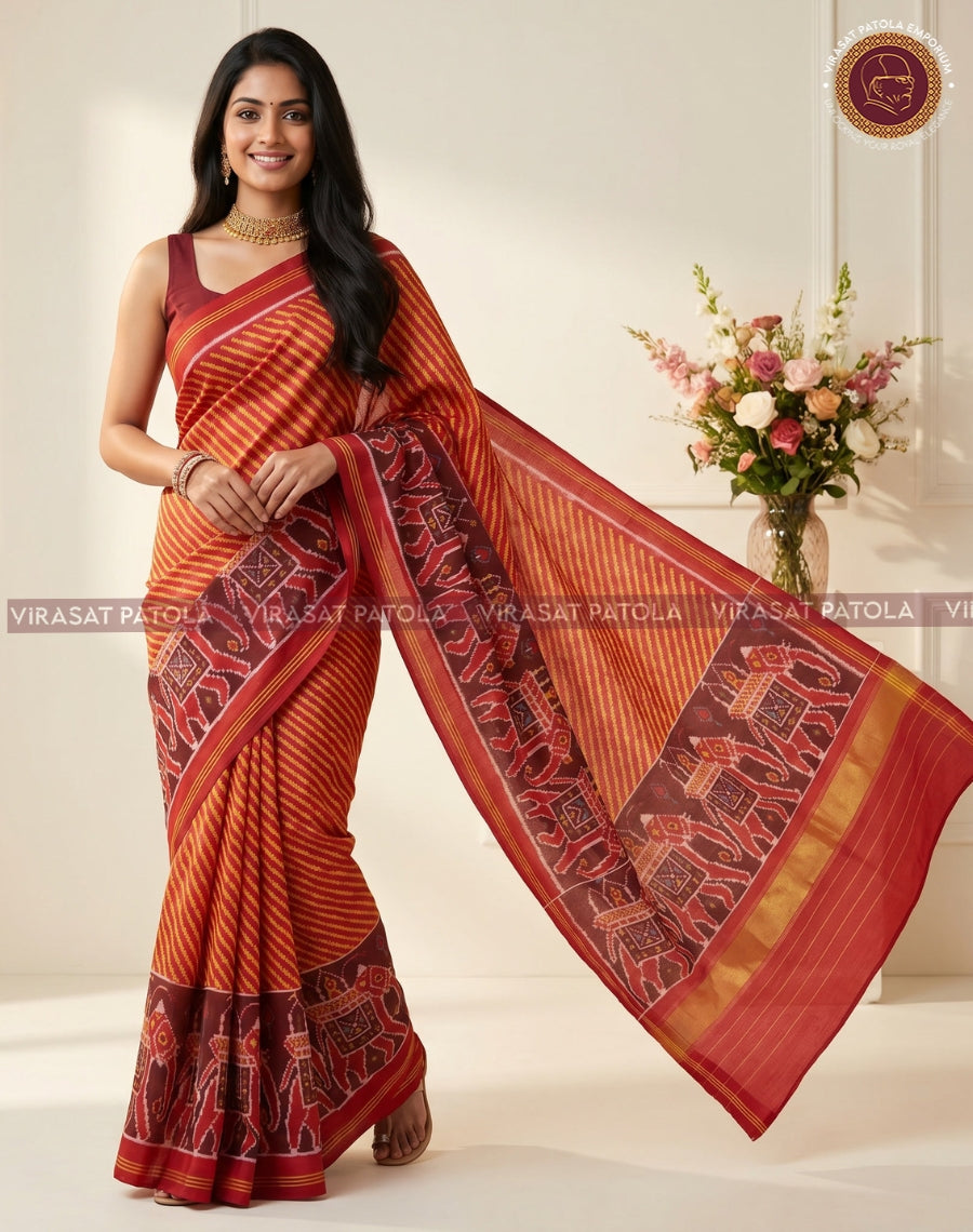 Rust-orange saree with maroon-and-gold pallu, striped body, and square motif borders
