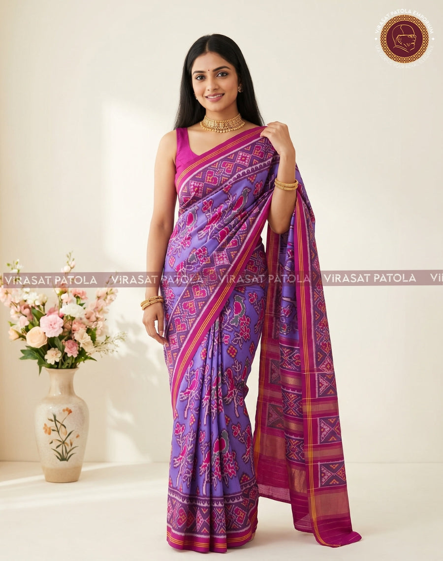 Magenta and blue patola saree with woven geometric border and pallu
