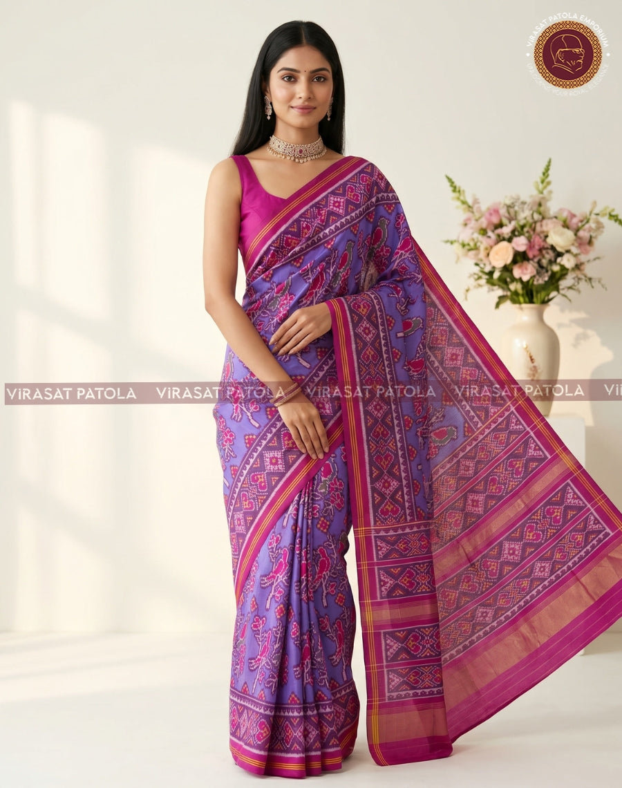 Patola saree in blue with magenta woven border and wide contrast pallu