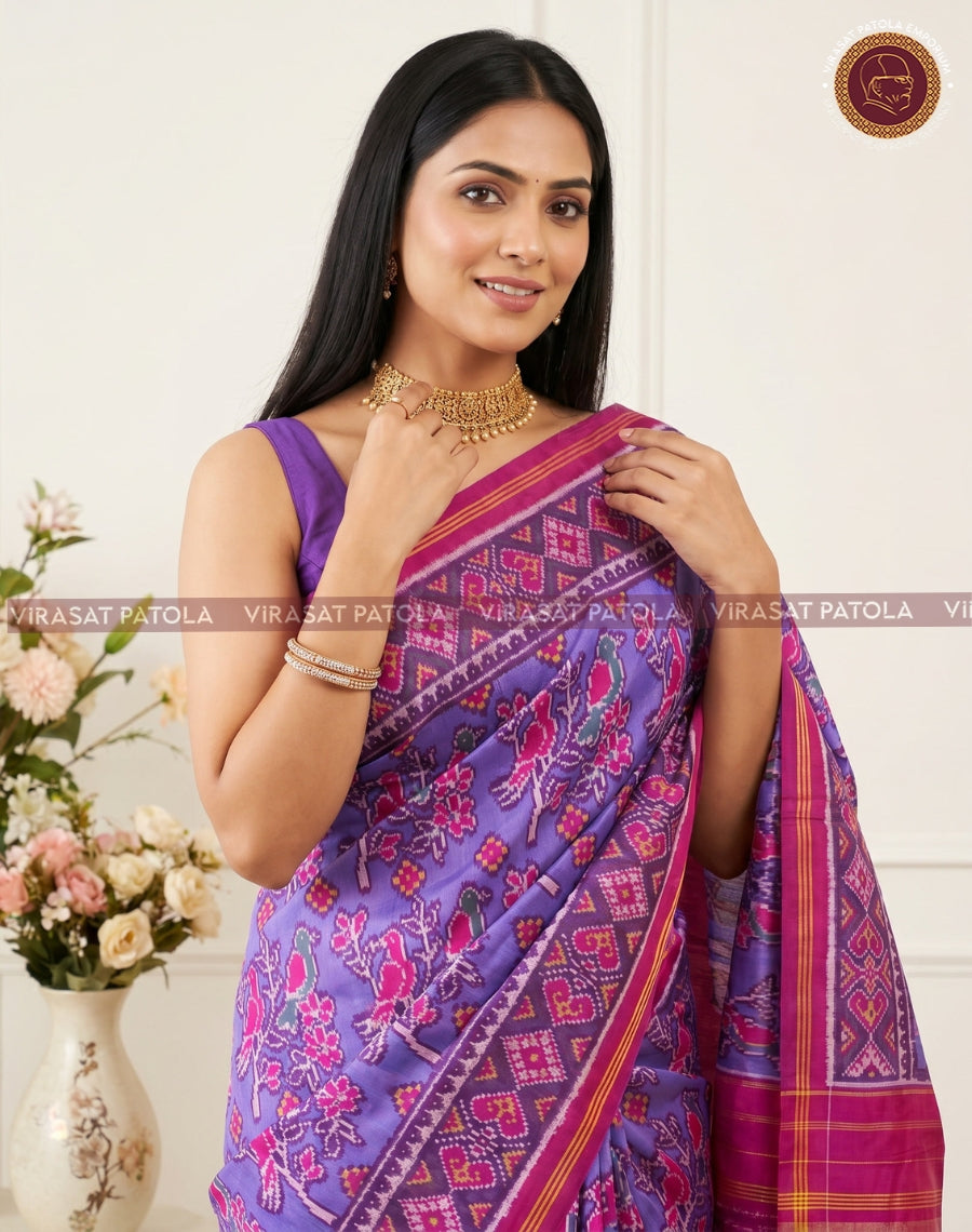 Blue and magenta patola saree, detailed pallu with small motifs and border stripes