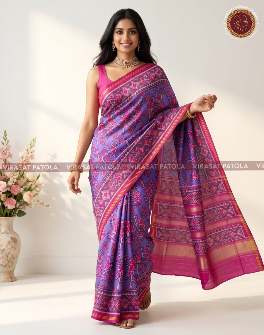 Magenta-blue patola saree drape with wide woven border on the pallu