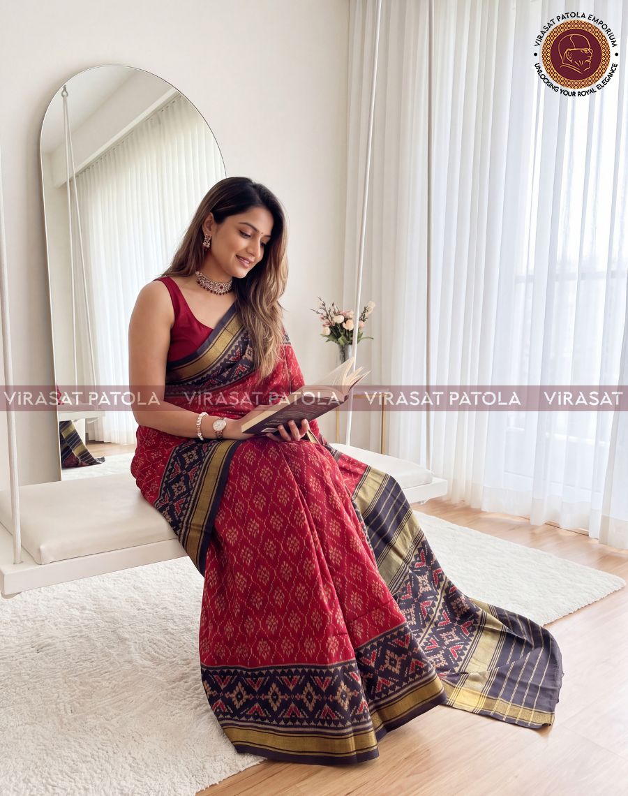 Maroon Black Leaf Motifs Traditional Patola Saree