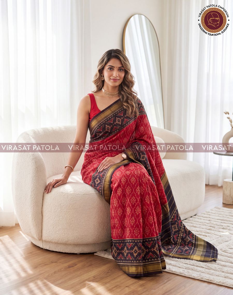 Maroon Black Leaf Motifs Traditional Patola Saree