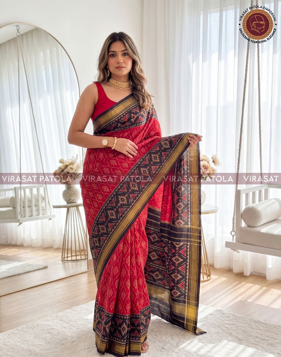 Maroon Black Leaf Motifs Traditional Patola Saree