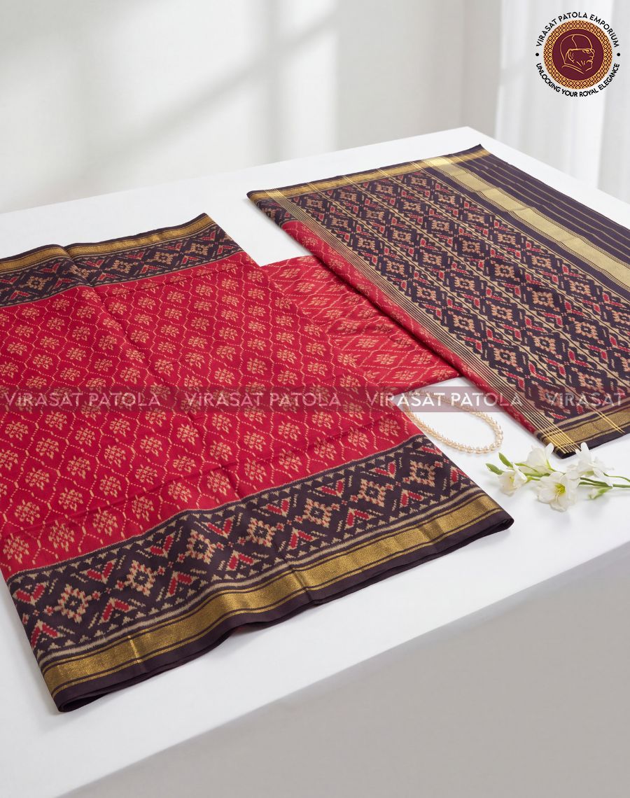 Maroon Black Leaf Motifs Traditional Patola Saree