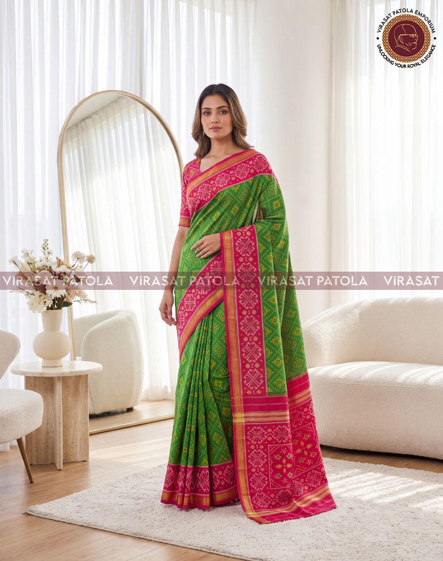 Parrot Green Panchanda Traditional Patola Saree