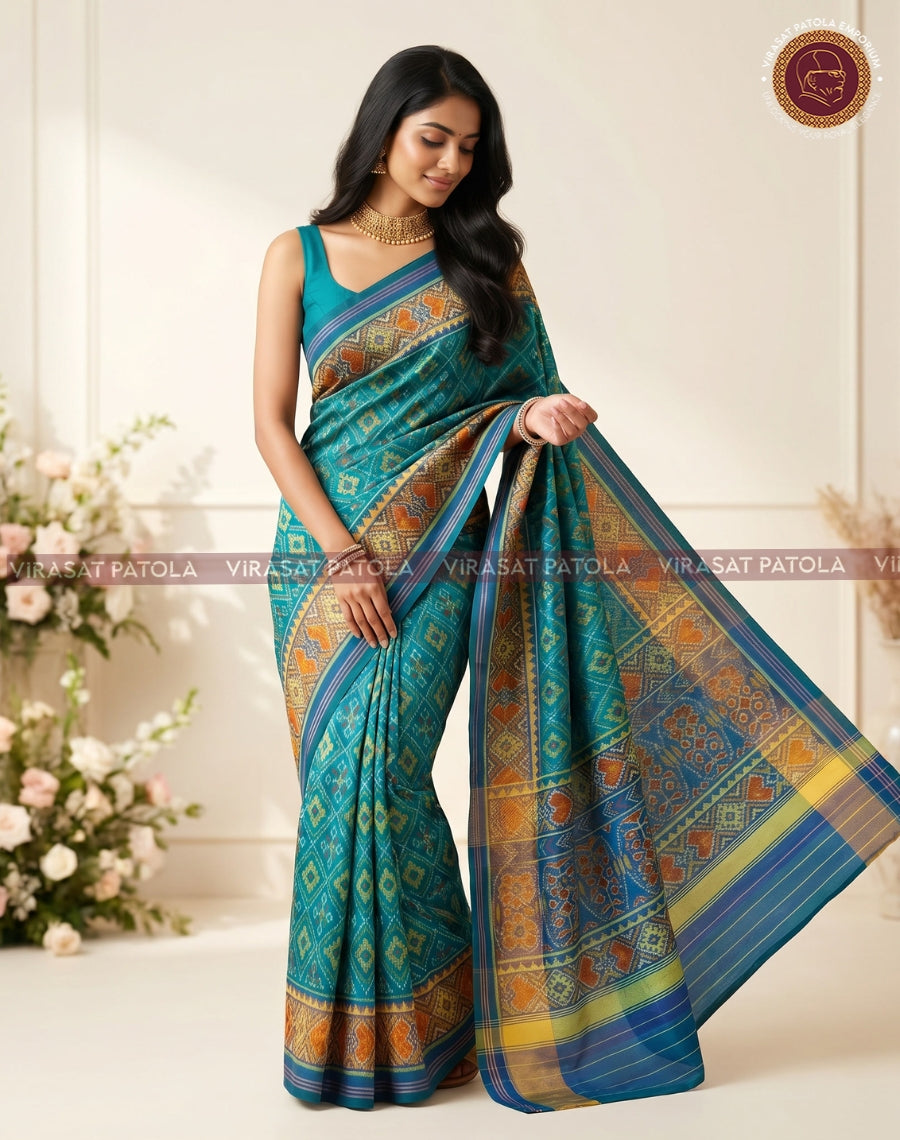 Sky blue traditional patola saree draped with striped orange-gold border