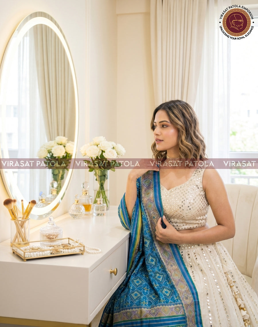 Pastel blue panchanda patola dupatta draped with geometric motifs and striped border