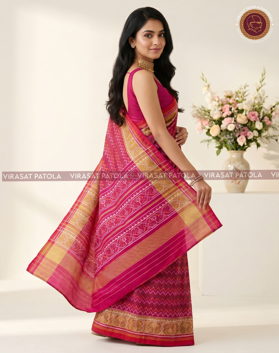 Pink Laheriya Patola sari with magenta chevron pattern and gold zari border, draped