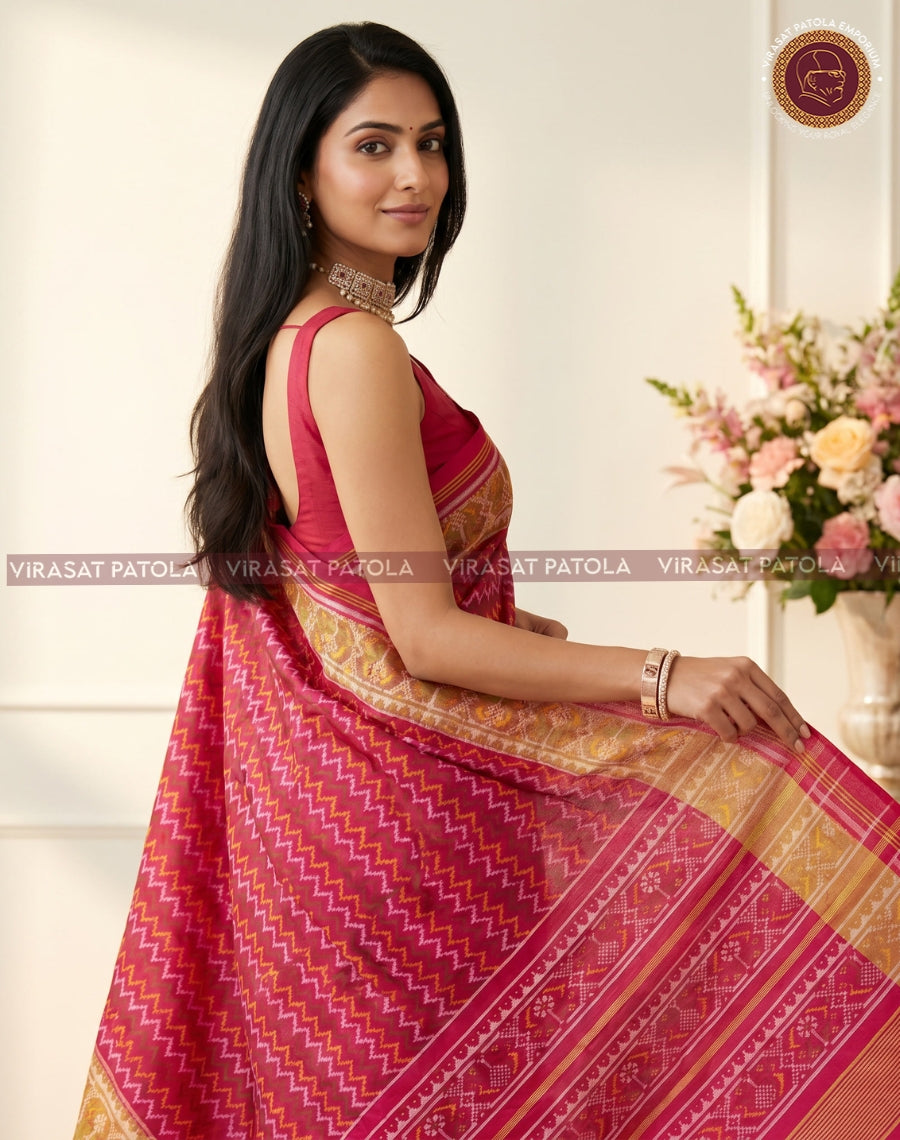 Pink Patola sari pallu detail in laheriya zigzag, wide gold border and striped edging