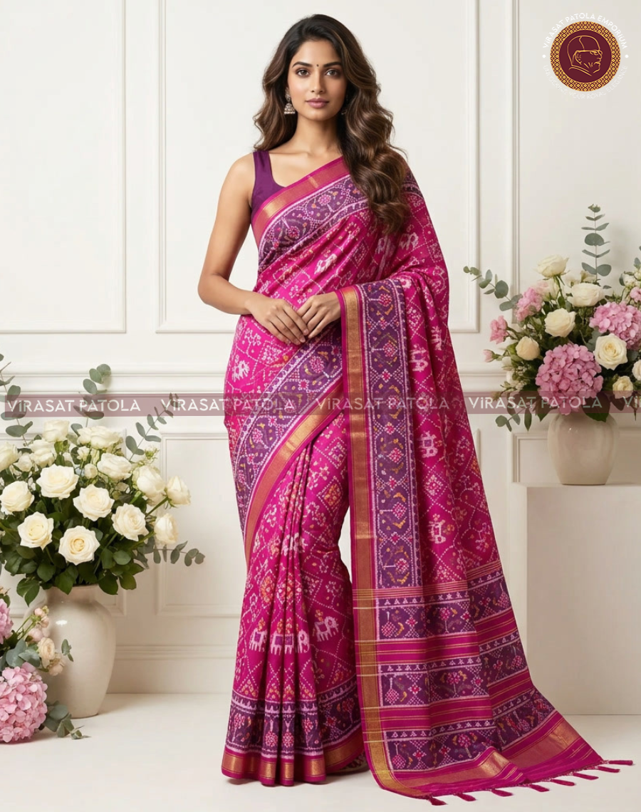 Rosa Patola-Sari mit breitem Zari-Rand und geometrischem Bordürenmuster