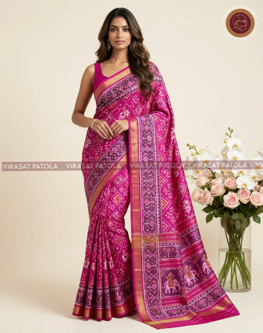 Rosa Patola-Sari, drapiert mit breitem Goldrand und mittigem Ornamentmuster