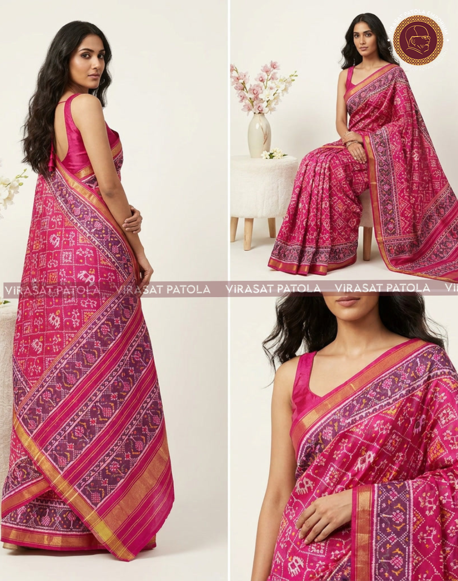Rosa Patola-Sari mit V-förmigem Pallu, lilafarbenen Ornamentstreifen und Zari-Bordüre