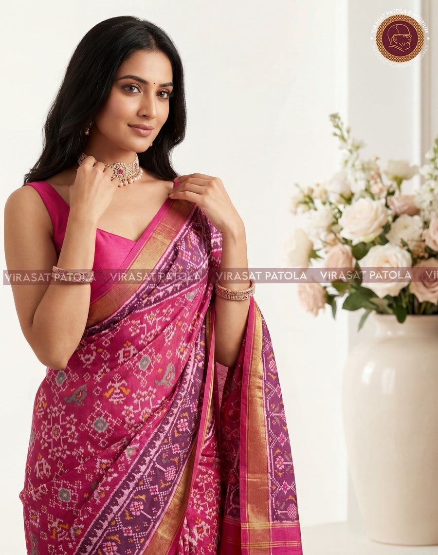 Pink patola saree pallu with navy-magenta motifs and gold border detail