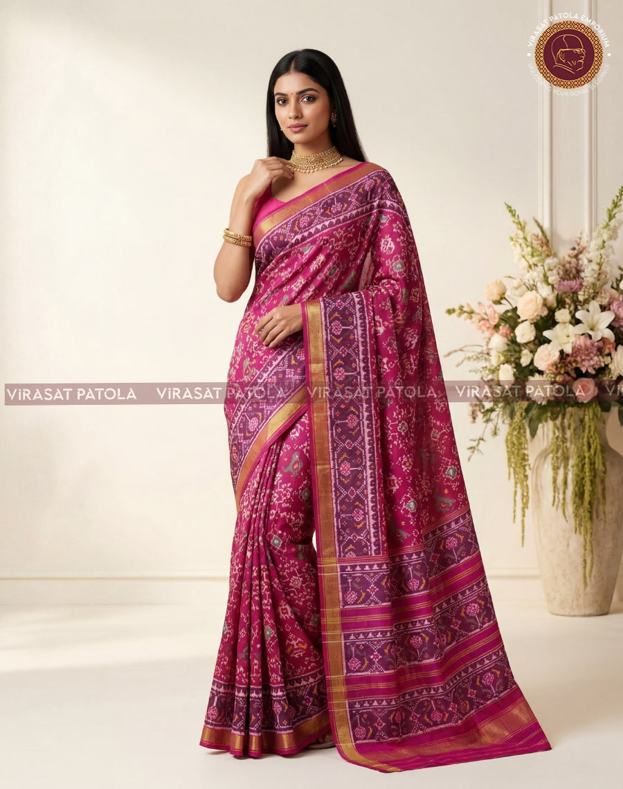 Magenta and pink patola saree with gold-edged pallu and woven geometric patterns