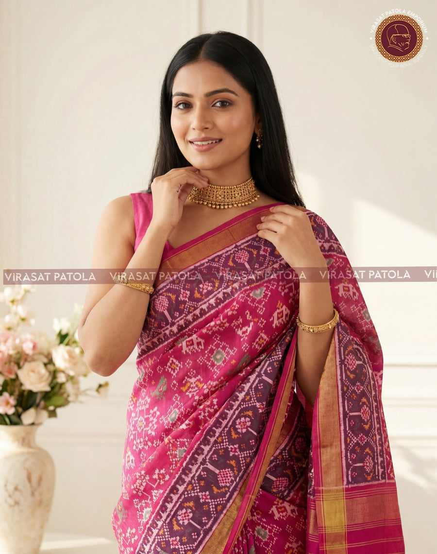 Pink patola saree with dark magenta geometric motifs and gold border, draped look