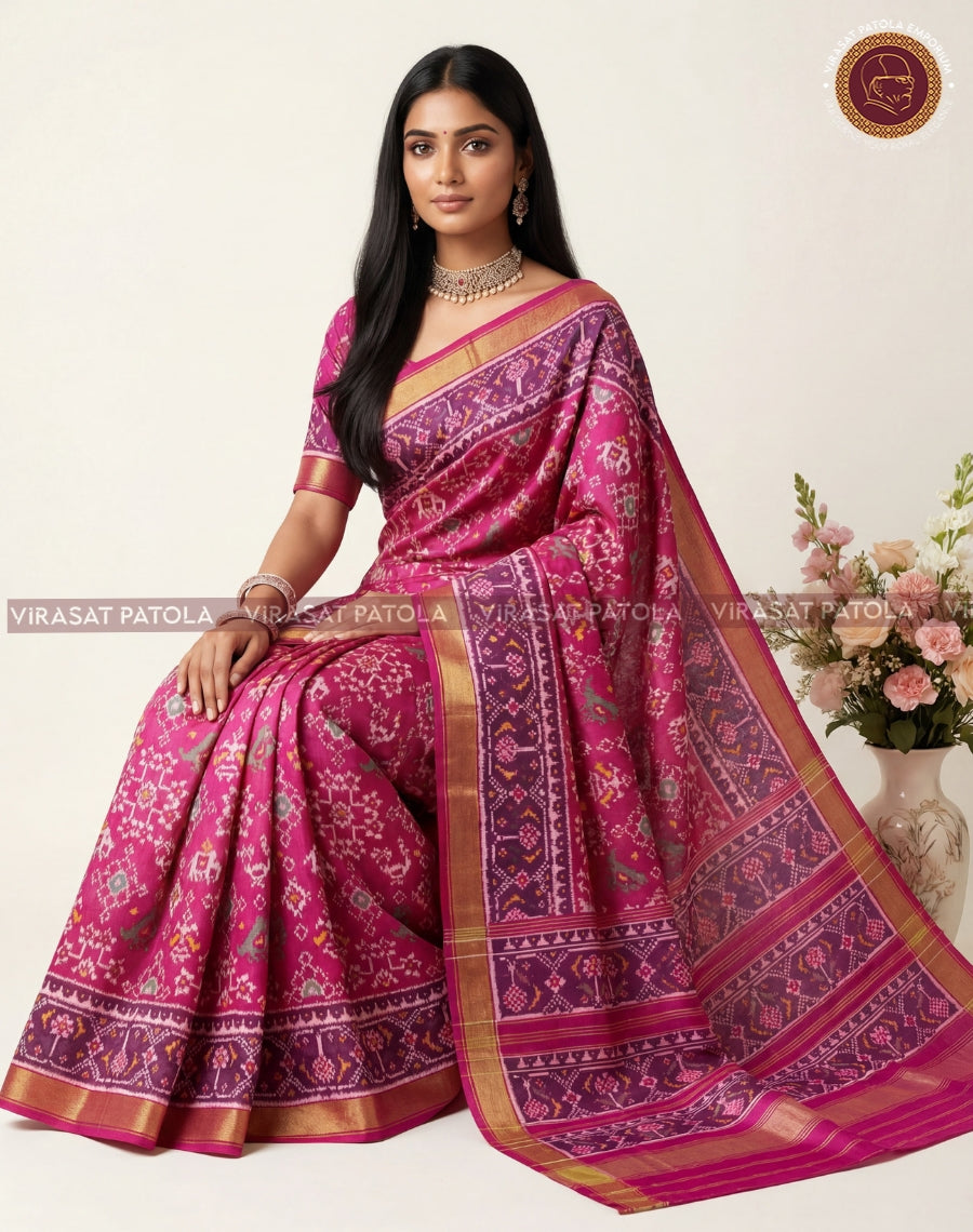 Magenta patola saree with pink body, saree drape, and gold border