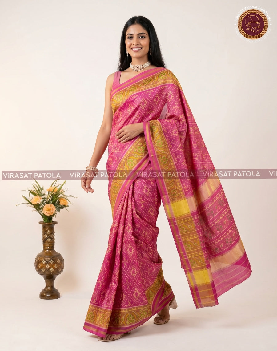 Pink patola saree full drape with patterned body, golden border, and striped pallav end