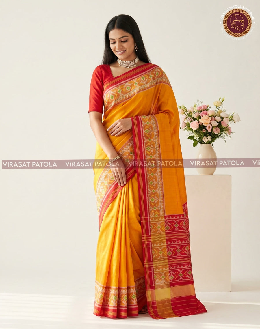 Virasat Patola plain yellow saree with red-gold Patola border and patterned pallu
