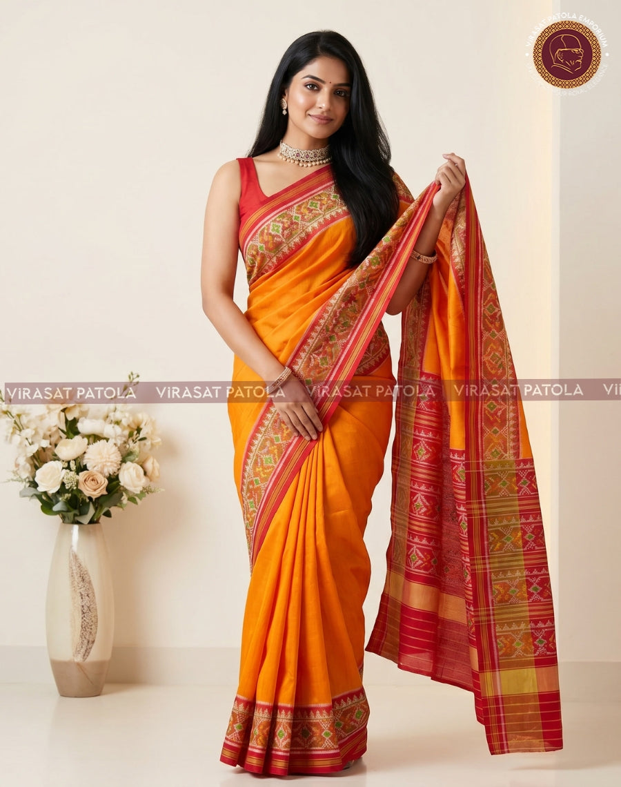 Yellow Patola saree with red patterned border and matching pallu draped over arm