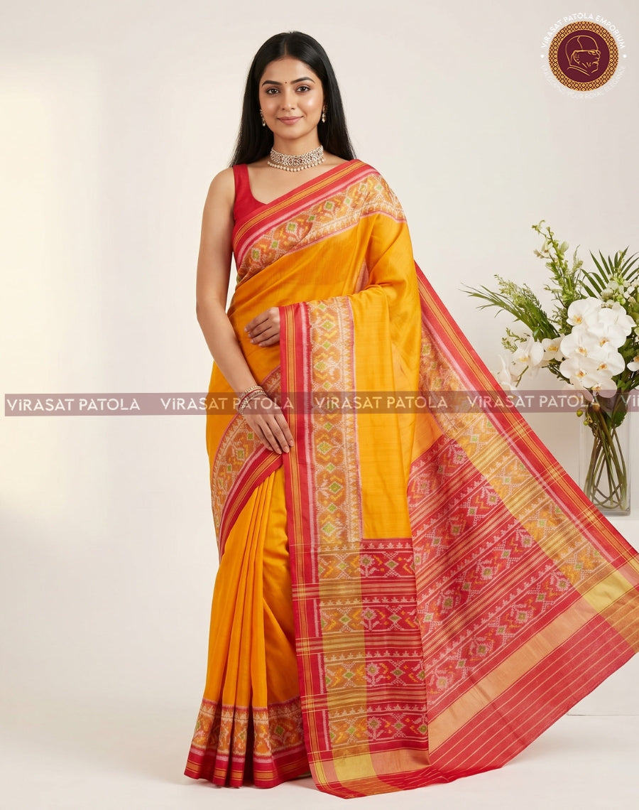 Plain yellow saree with rich red-gold border, geometric motifs on pallu