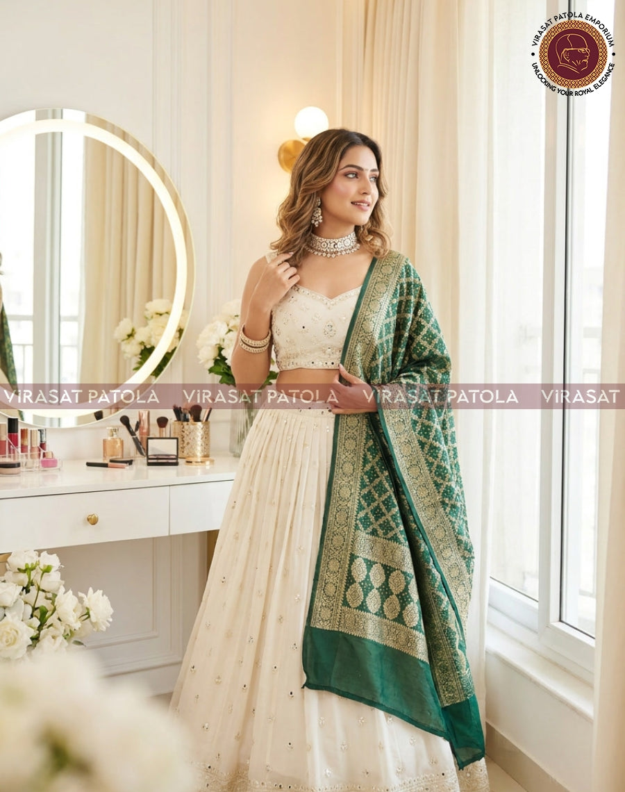 Dark green georgette bandhani dupatta draped over shoulder with patterned border