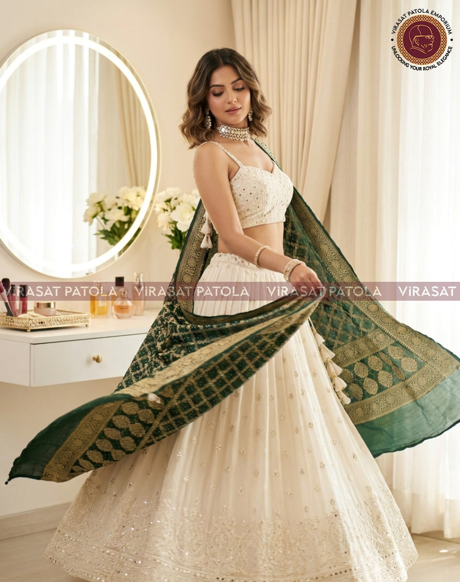 Dark green georgette bandhani dupatta, wide border with geometric motifs