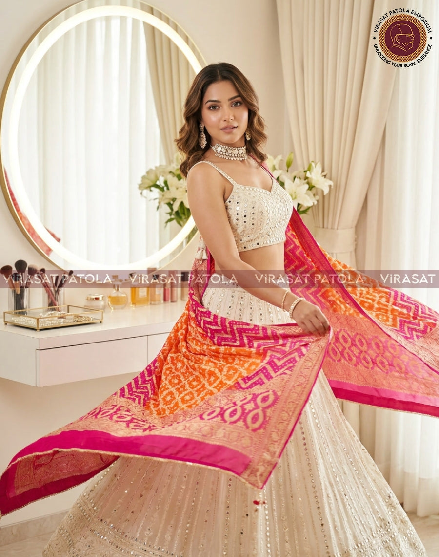Orange and pink bandhani dupatta with zigzag and paisley motifs, spread across