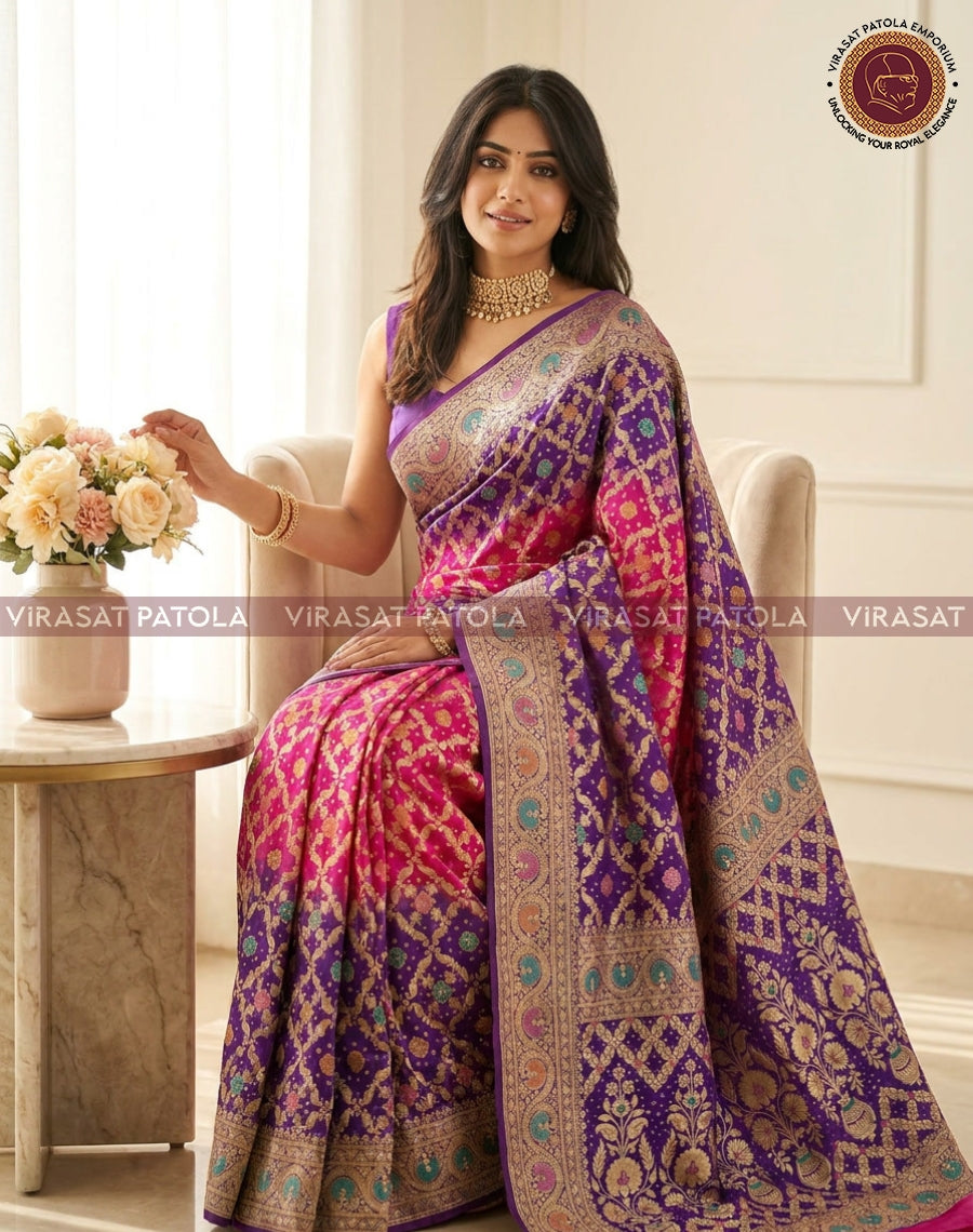 Georgette bandhani saree with purple, pink and gold-toned border, draped on model