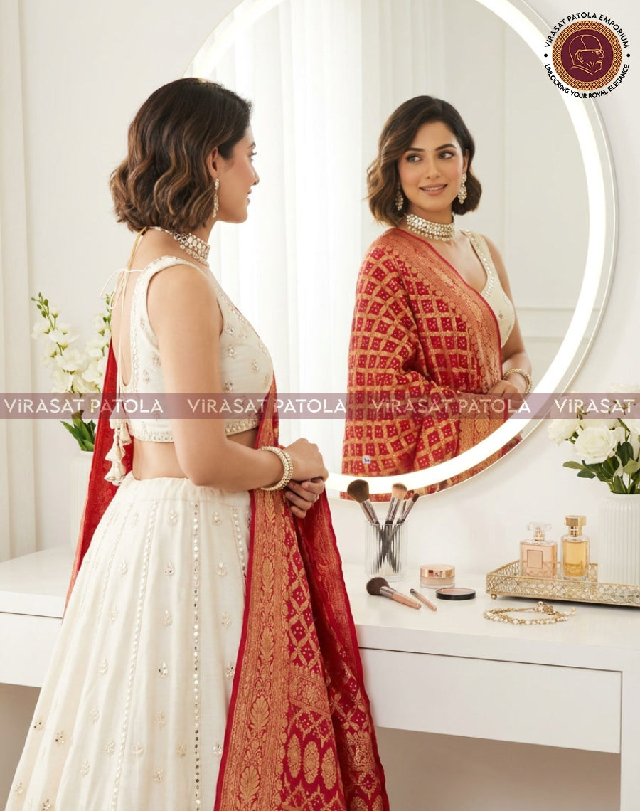 Red bandhani dupatta with gold trim, shown from the back while worn
