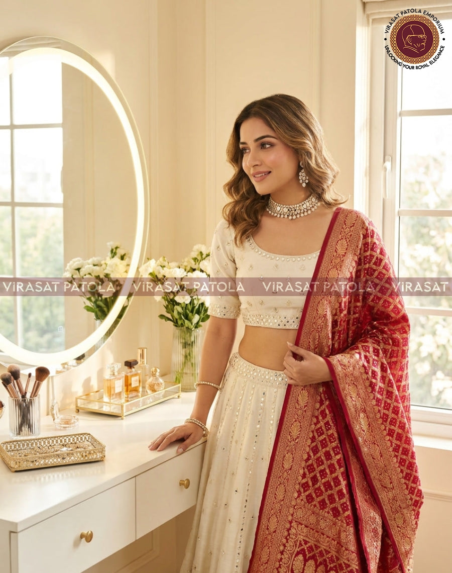 Red bandhani dupatta with gold border detail, worn over one shoulder
