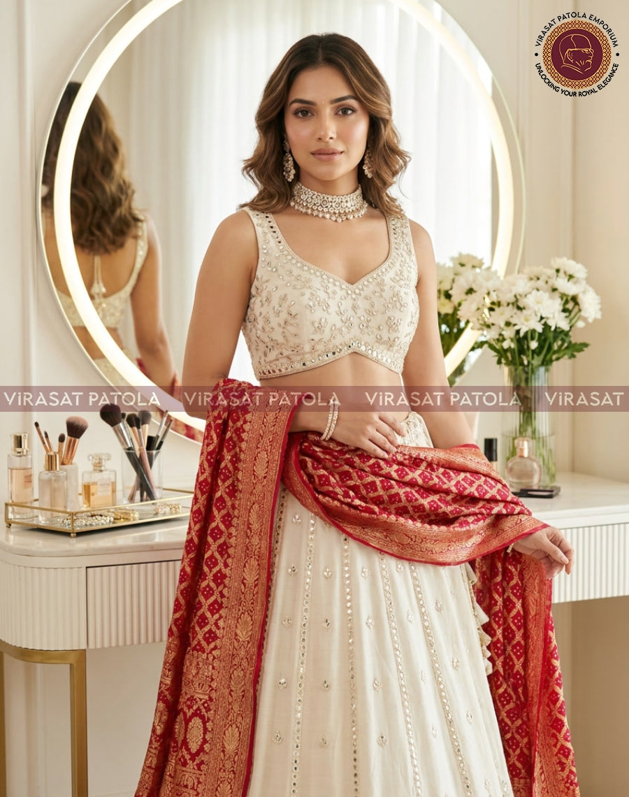 Red bandhani dupatta with gold trim, folded and held in the hands