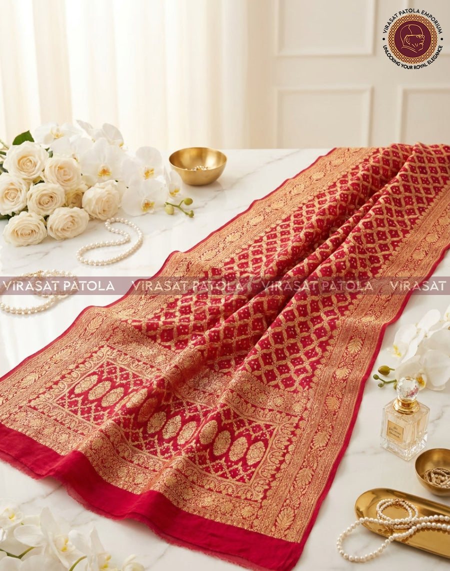Red bandhani dupatta laid flat with ornate gold border and patterned ends