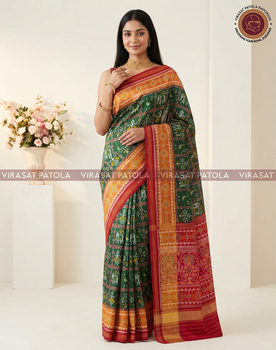 Green Narikunjar traditional patola saree featuring maroon-gold zari border and motifs