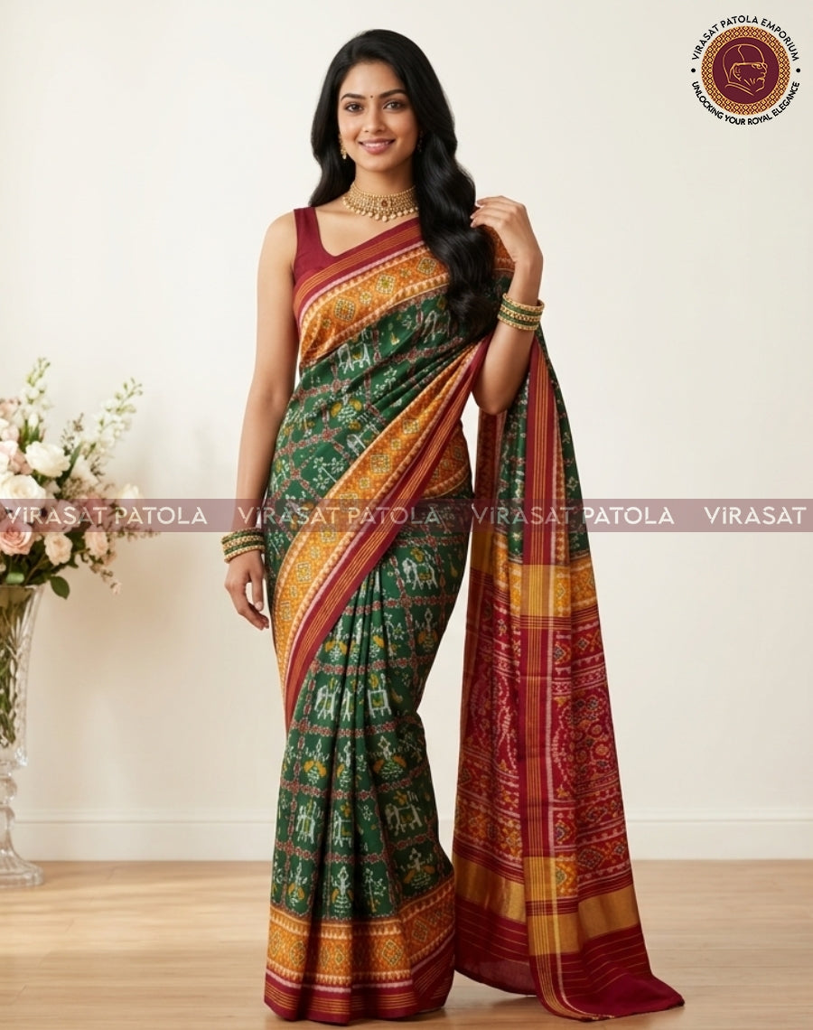 Green patola saree with all-over geometric motifs, maroon pallu, gold border