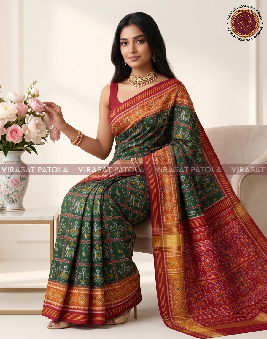 Green patola saree with rich maroon pallu, gold trim, and temple-style motifs
