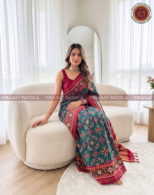 Red Green Navratna Traditional Double Ikkat Patola Saree