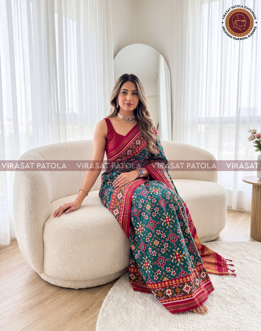 Red Green Navratna Traditional Double Ikkat Patola Saree