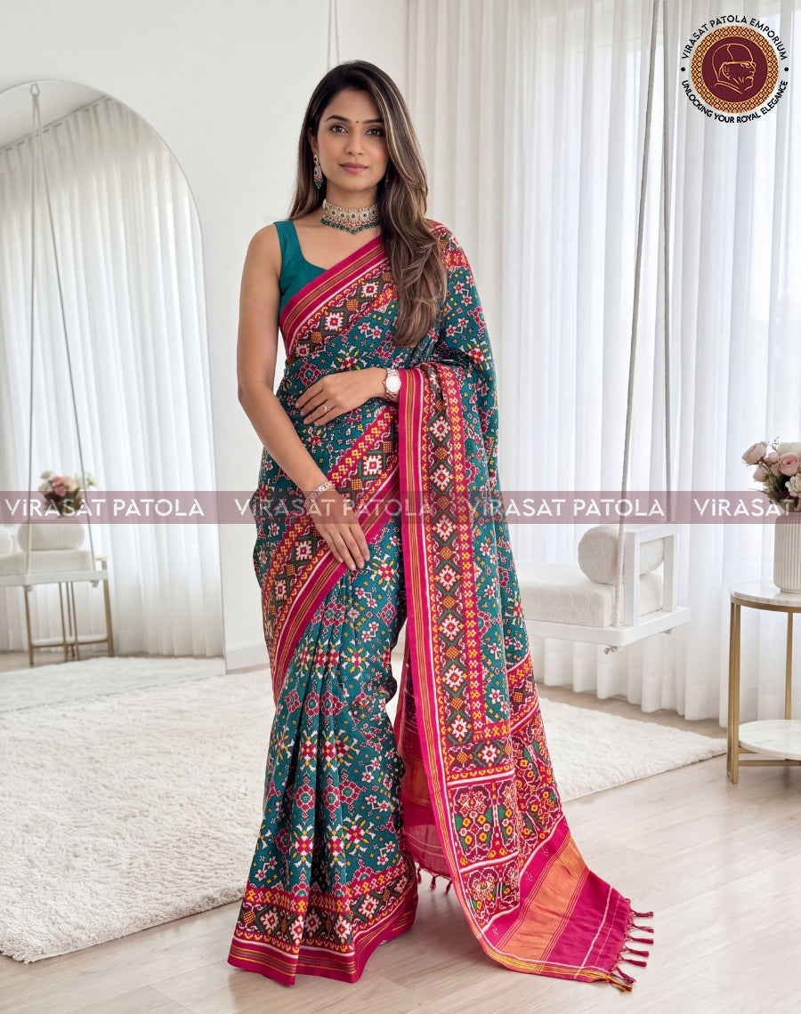 Red Green Navratna Traditional Double Ikkat Patola Saree