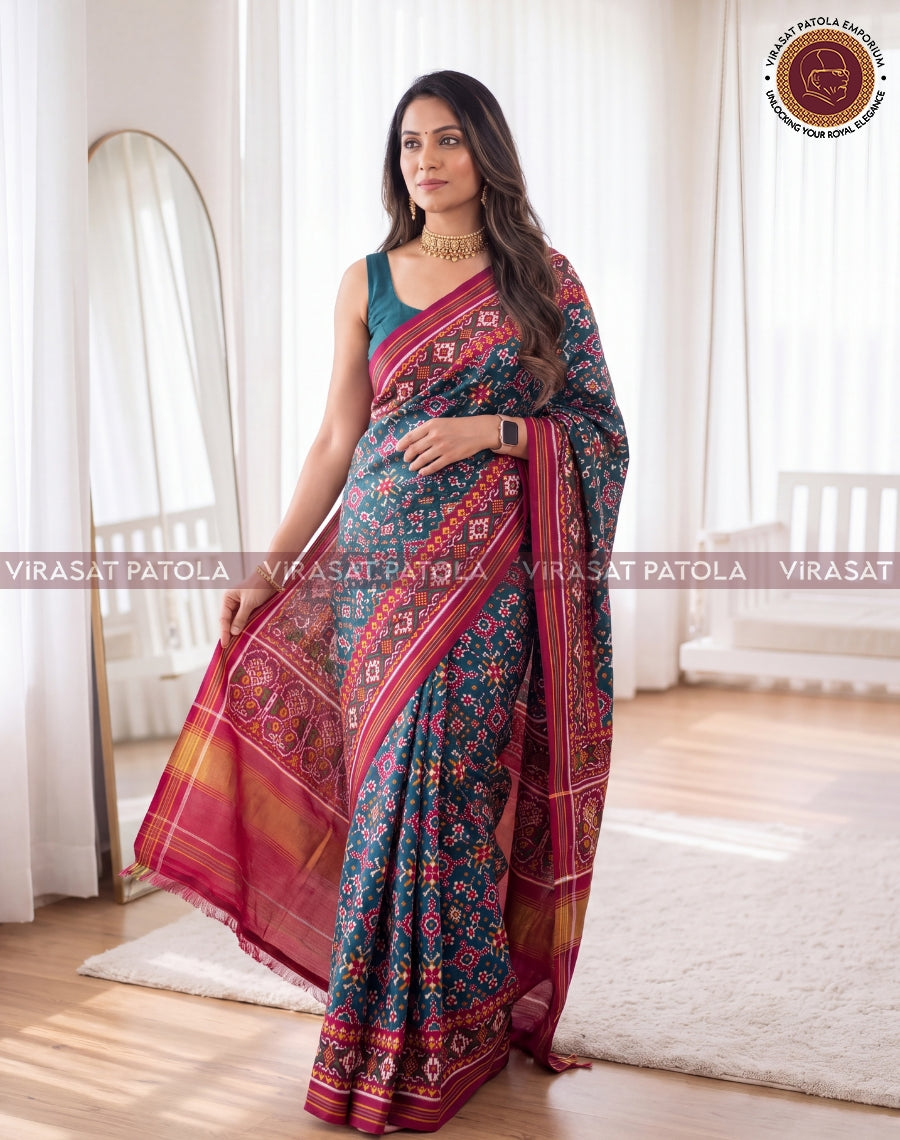Red Green Navratna Traditional Double Ikkat Patola Saree