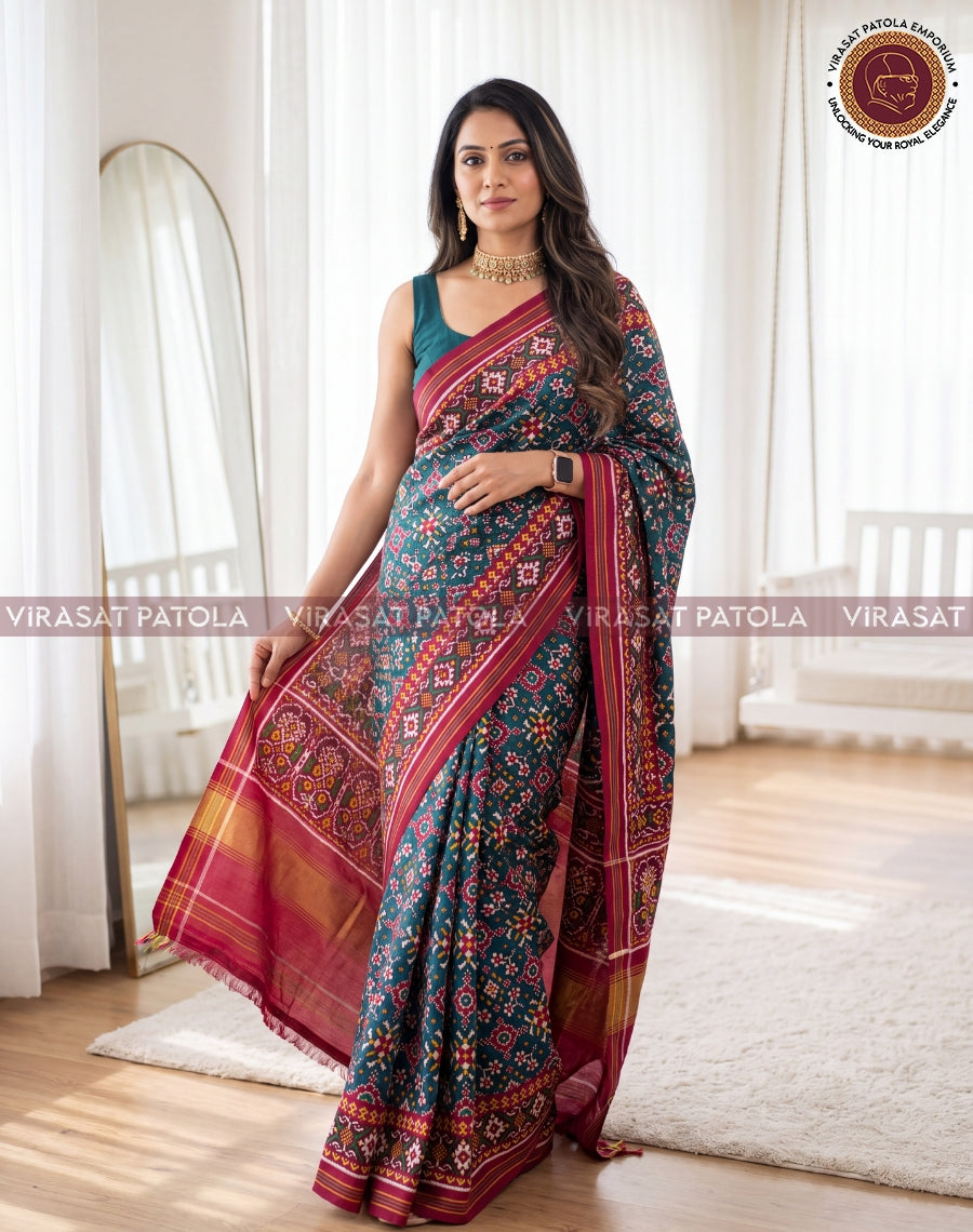 Red Green Navratna Traditional Double Ikkat Patola Saree