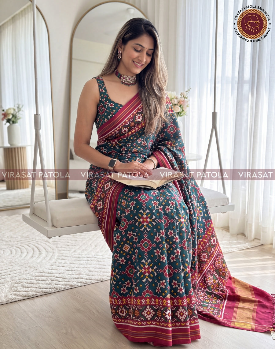 Red Green Navratna Traditional Double Ikkat Patola Saree
