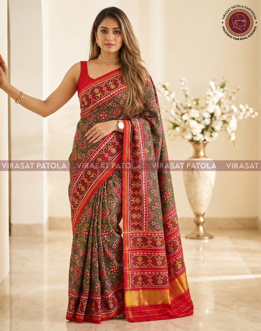 Red and green traditional twill saree with patterned body and gold-trimmed red border