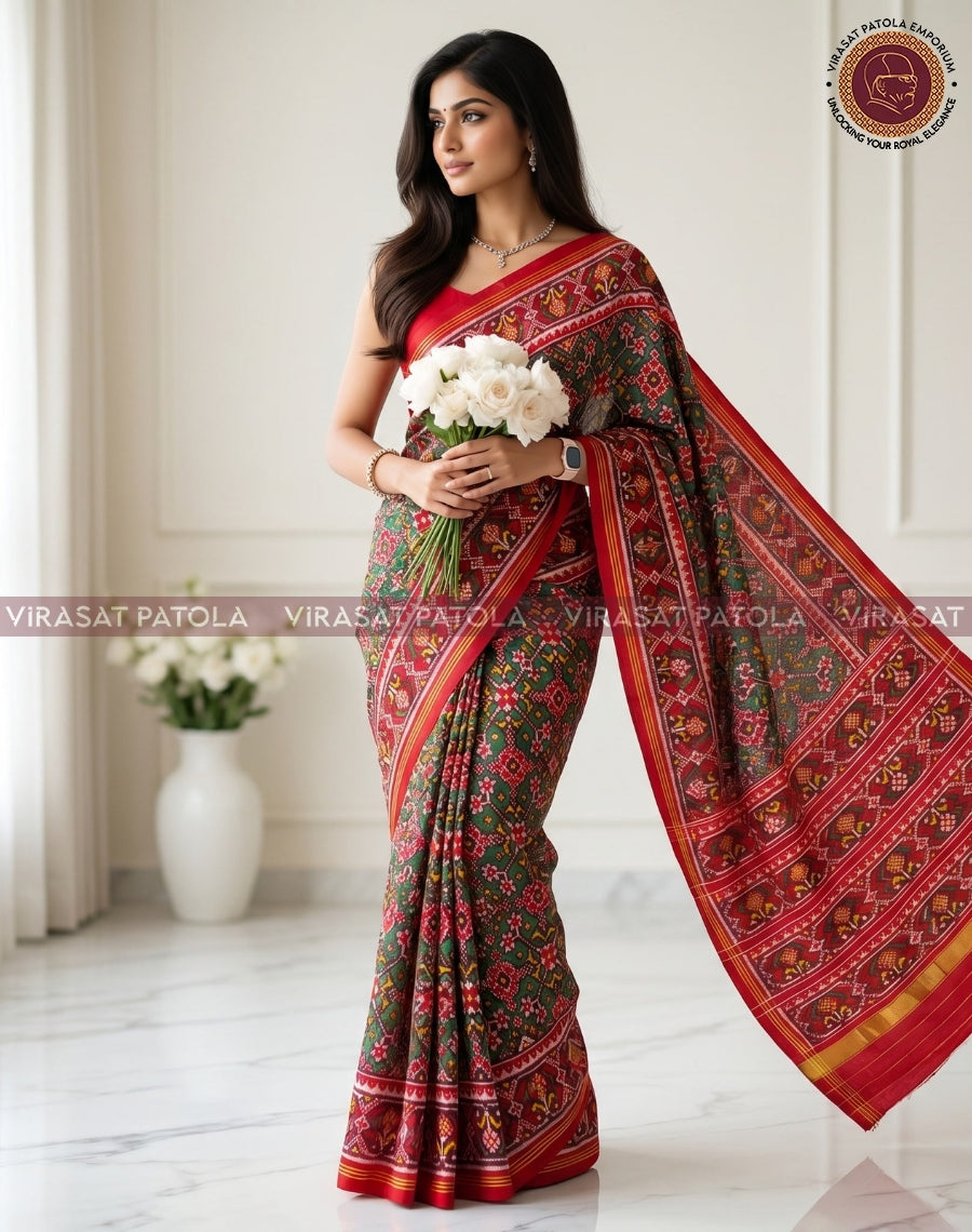Red and green saree with wide red pallu border and small floral and geometric motifs