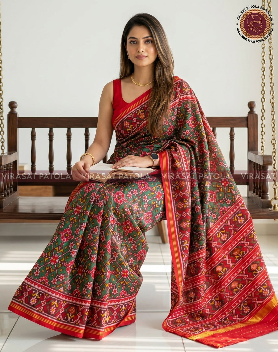 Red and green traditional Patola saree with red border and multicolor woven patterns