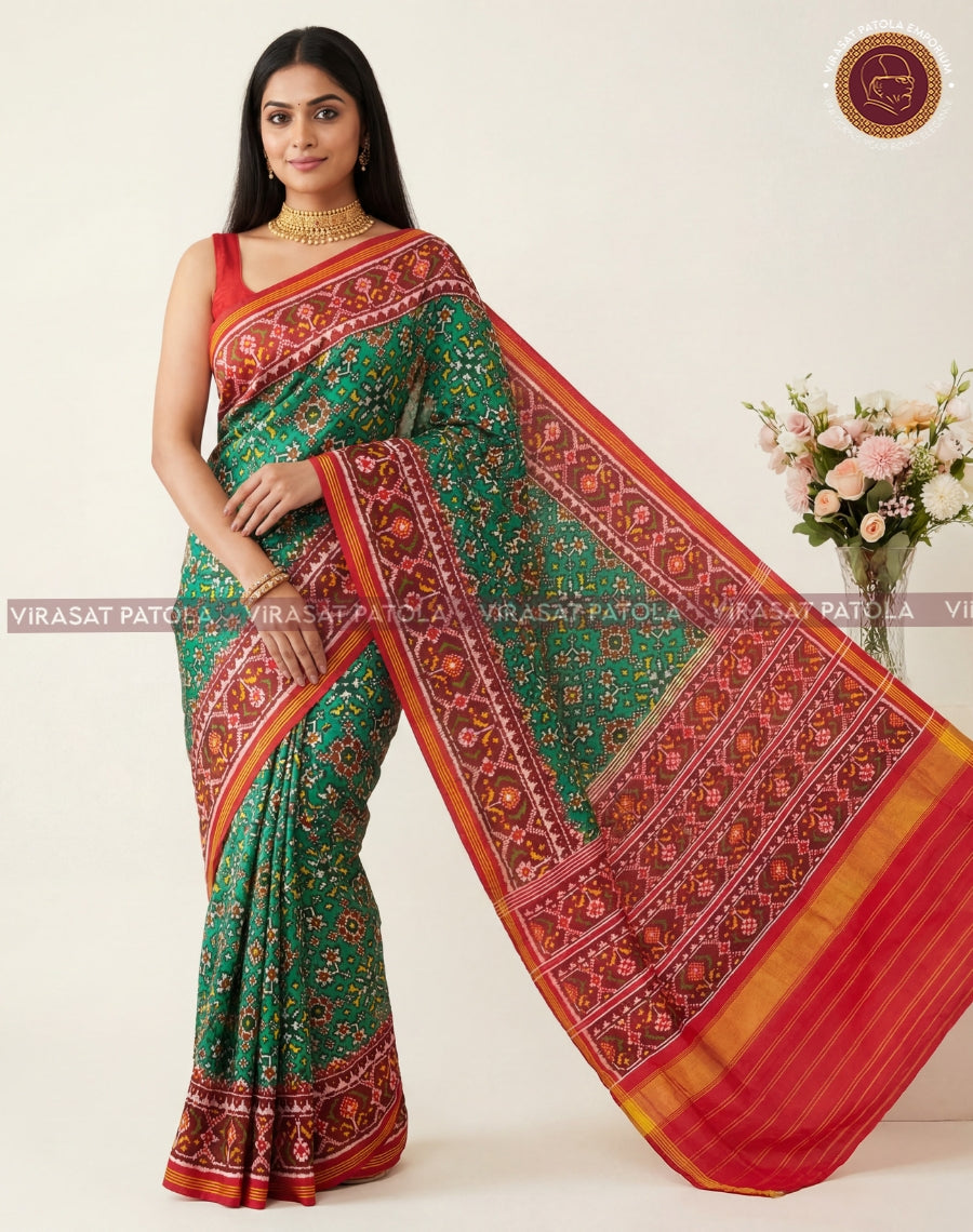 Green body with maroon-red pallu, golden stripe border, and traditional square motifs