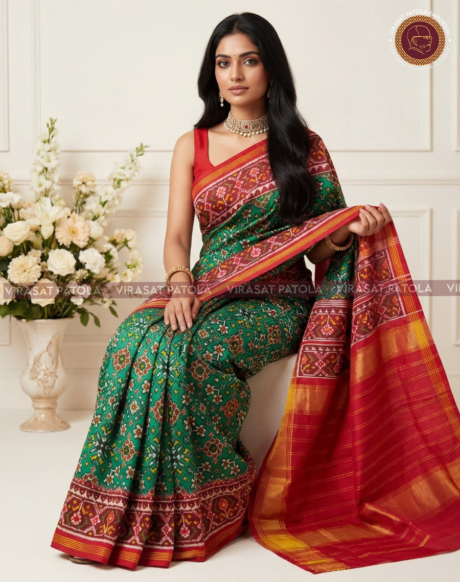 Green patola saree with red-gold border; pallu held over shoulder