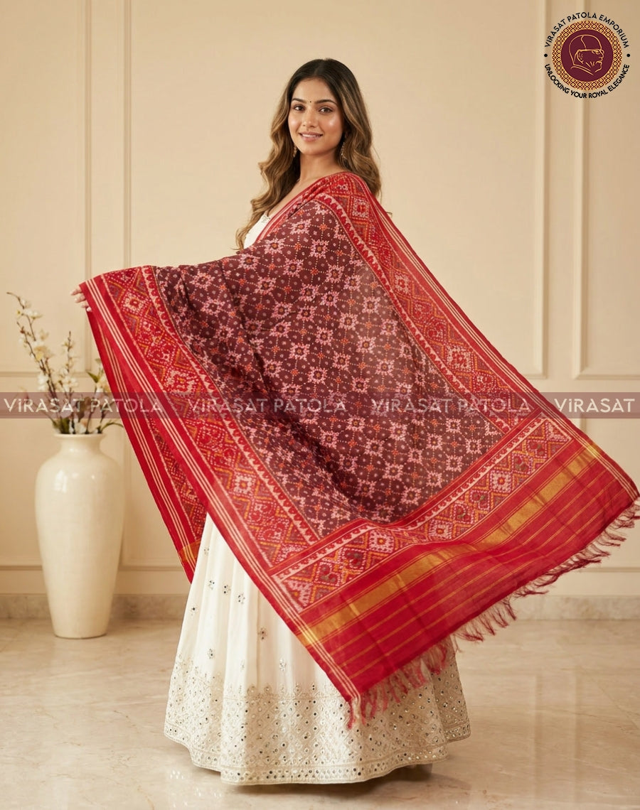 Maroon red dupatta with all-over geometric floral design and gold striped border, fringed