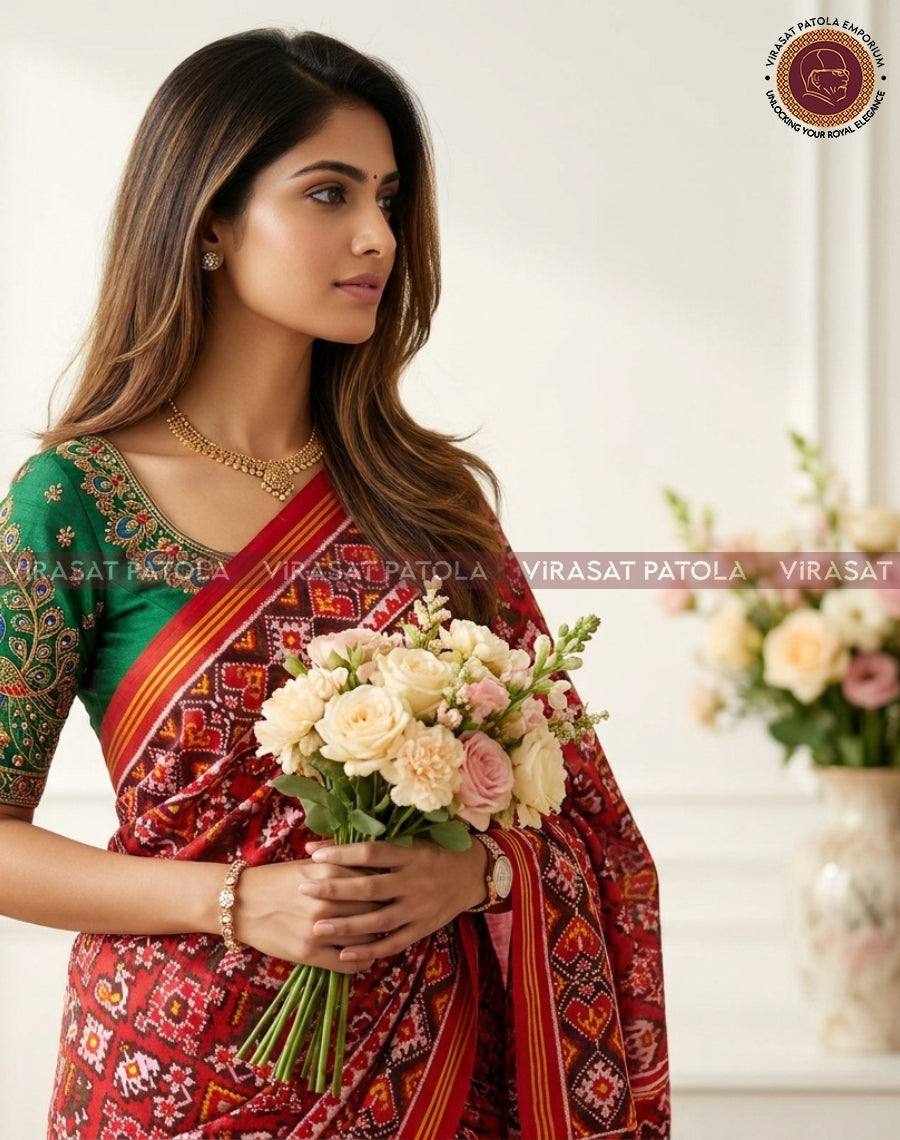Red patola saree with multicolor geometric weave, orange border, worn with green blouse
